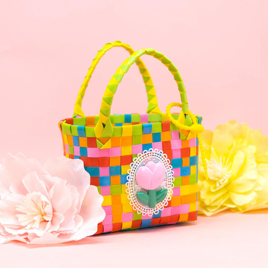 Mini Basket Weave Tote Bag - Pink Tulip