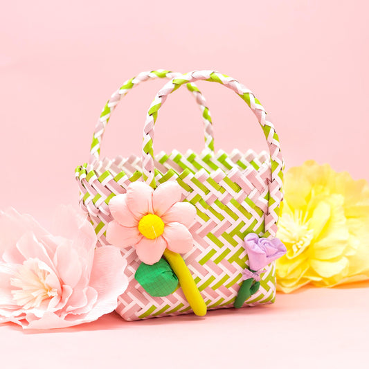 Mini Basket Weave Tote Bag - Pink Daisy