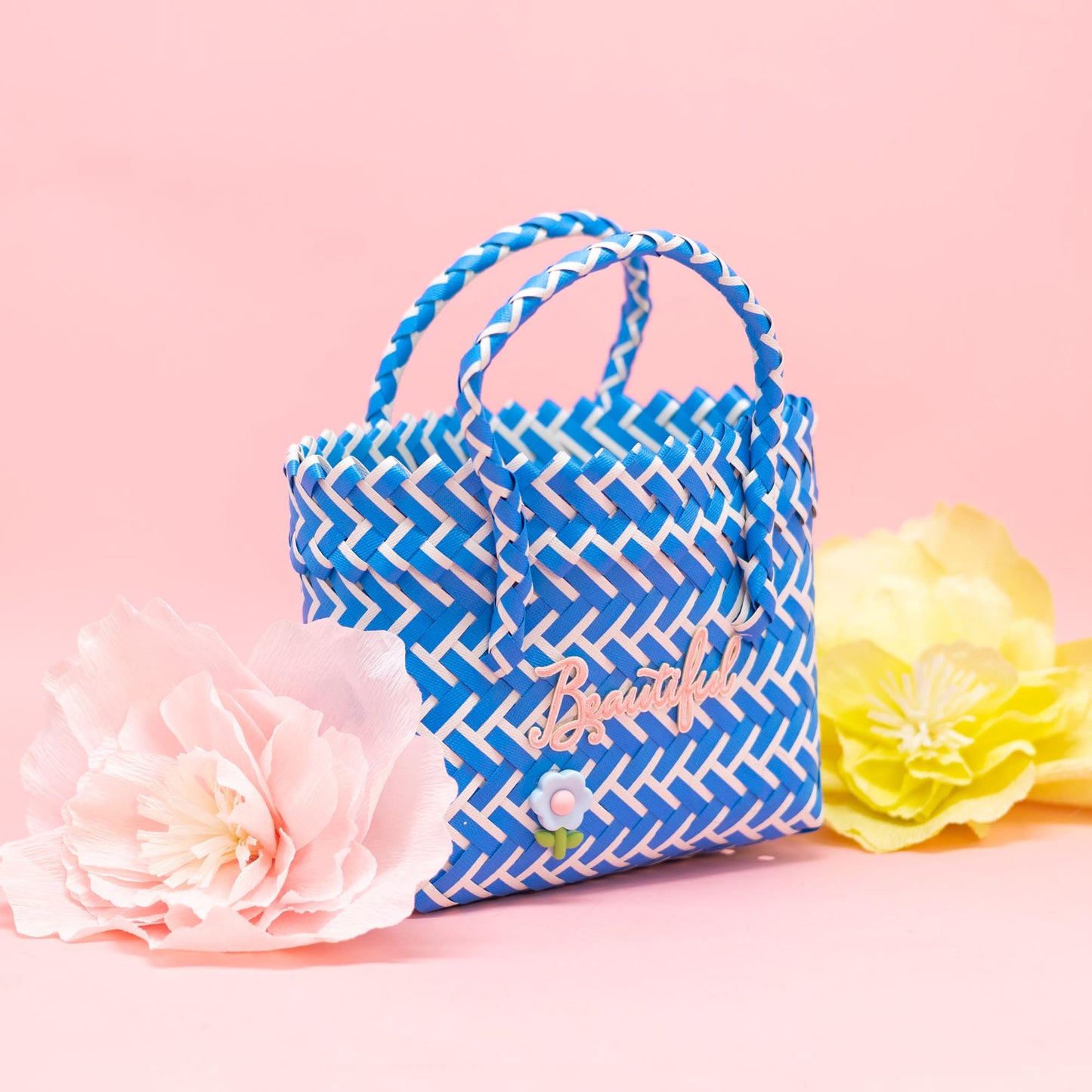 Mini Basket Weave Tote Bag - Blue Ribbon